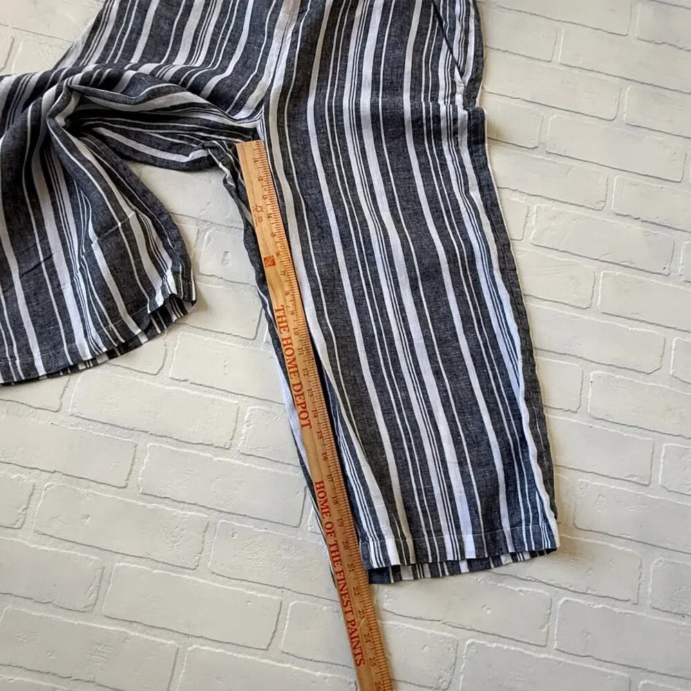 Ellen Tracy Women's Dark Grey/Black Striped Wide Leg Pockets Linen Pants sz L